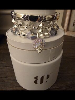 BP Silver-Tone Stackable Bracelet Set with Pink Crystal Charm